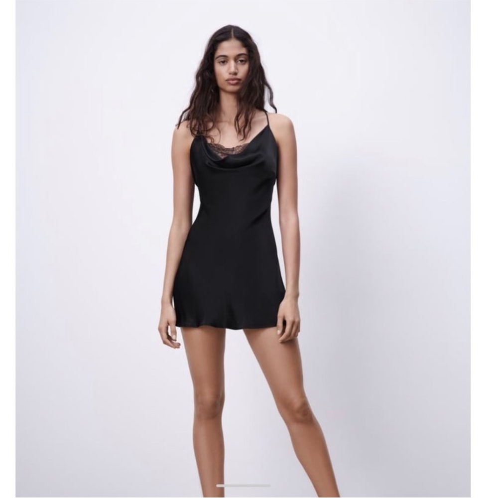 Zara Black Satin Effect Dress w/Lace Small